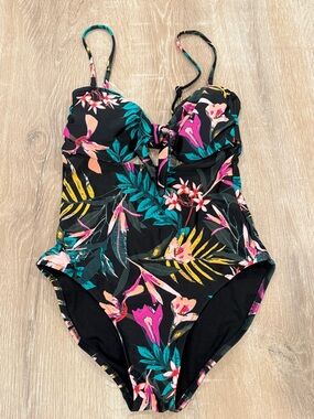 Floral One-Piece Swimsuit - Black with Teal & Pink